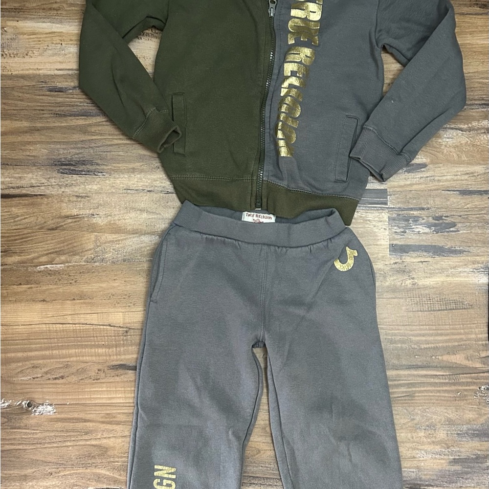 True Religion Kids Olive & Gray Two-Tone Sweatpants Set with Gold Logo